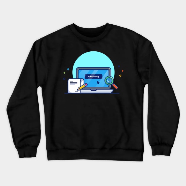 Laptop, Magnifying Glass, Paper And Pencil Cartoon Crewneck Sweatshirt by Catalyst Labs